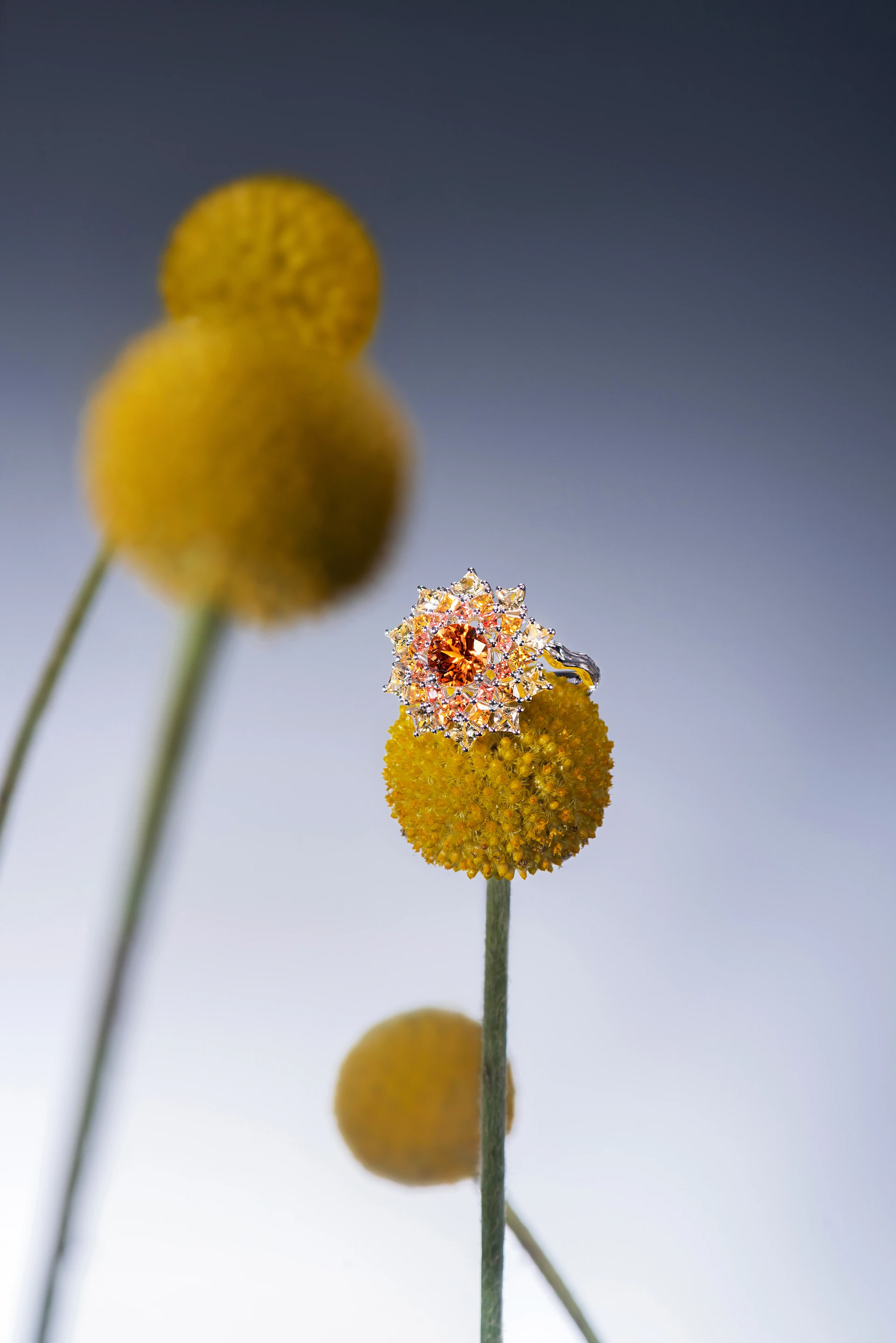 A sparkling ring rests on a yellow flower.