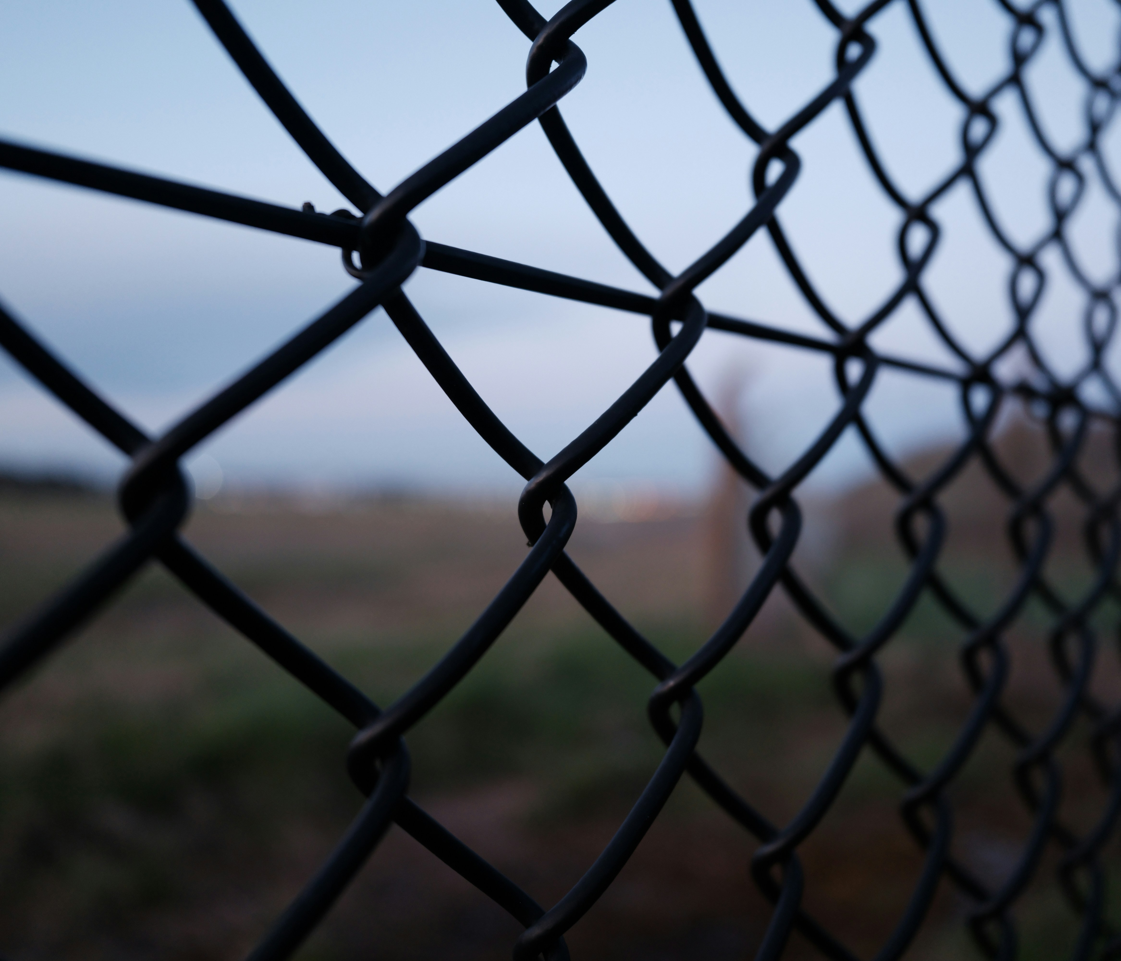 Close-up of a chain-link fence against a blurred background.