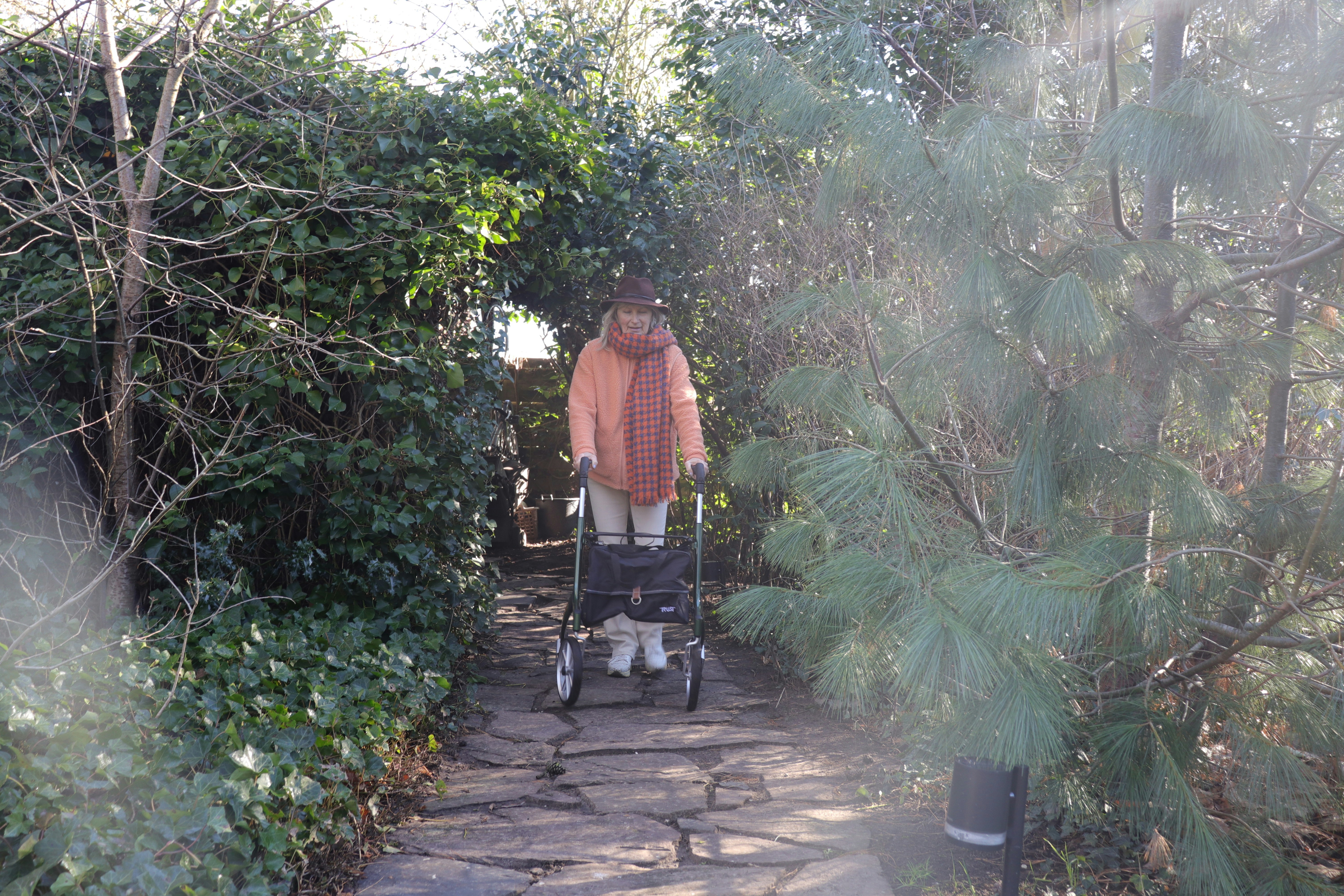 Elderly person walks with a walker on a stone path.