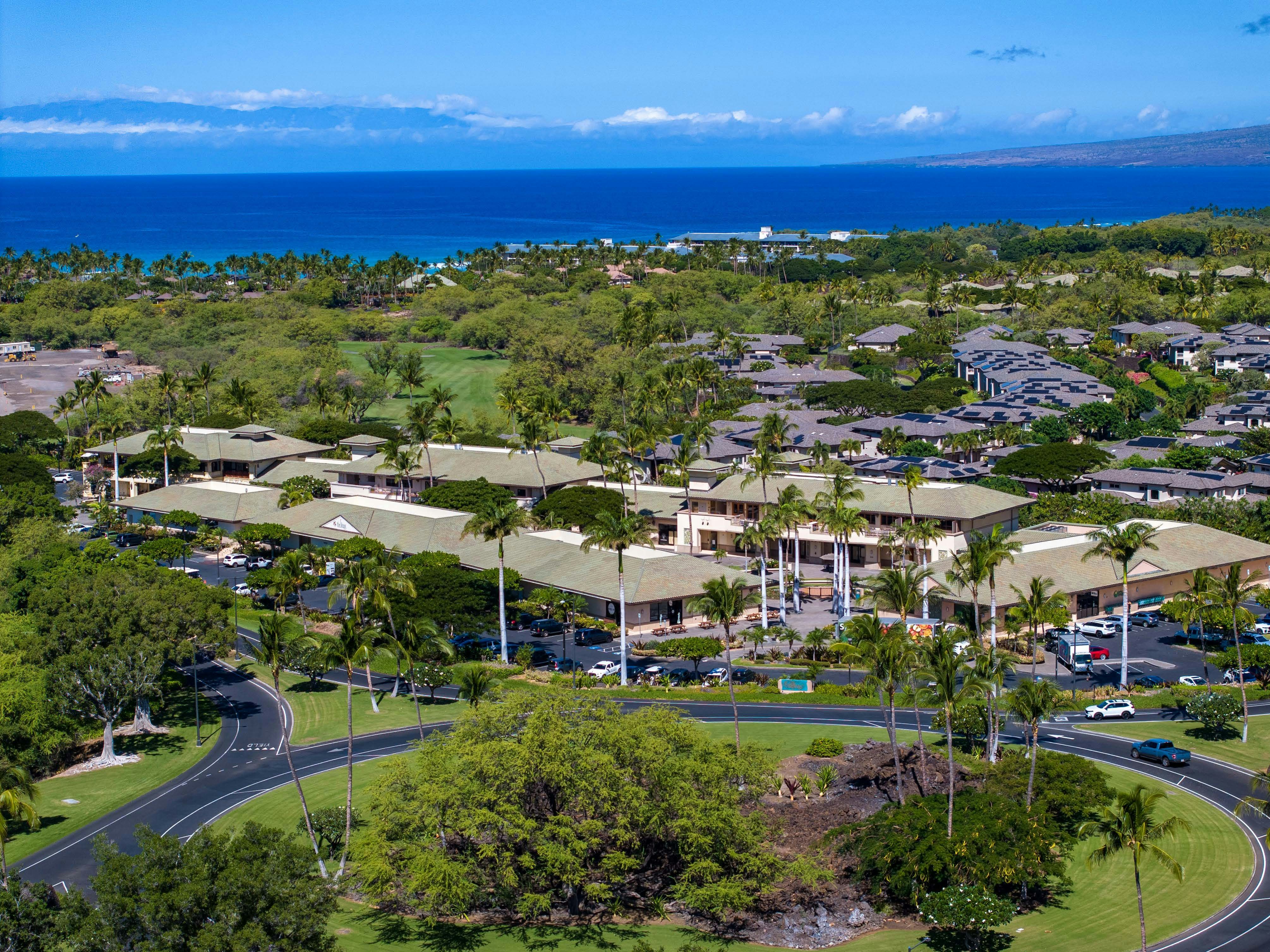 Tropical resort buildings surrounded by lush green trees