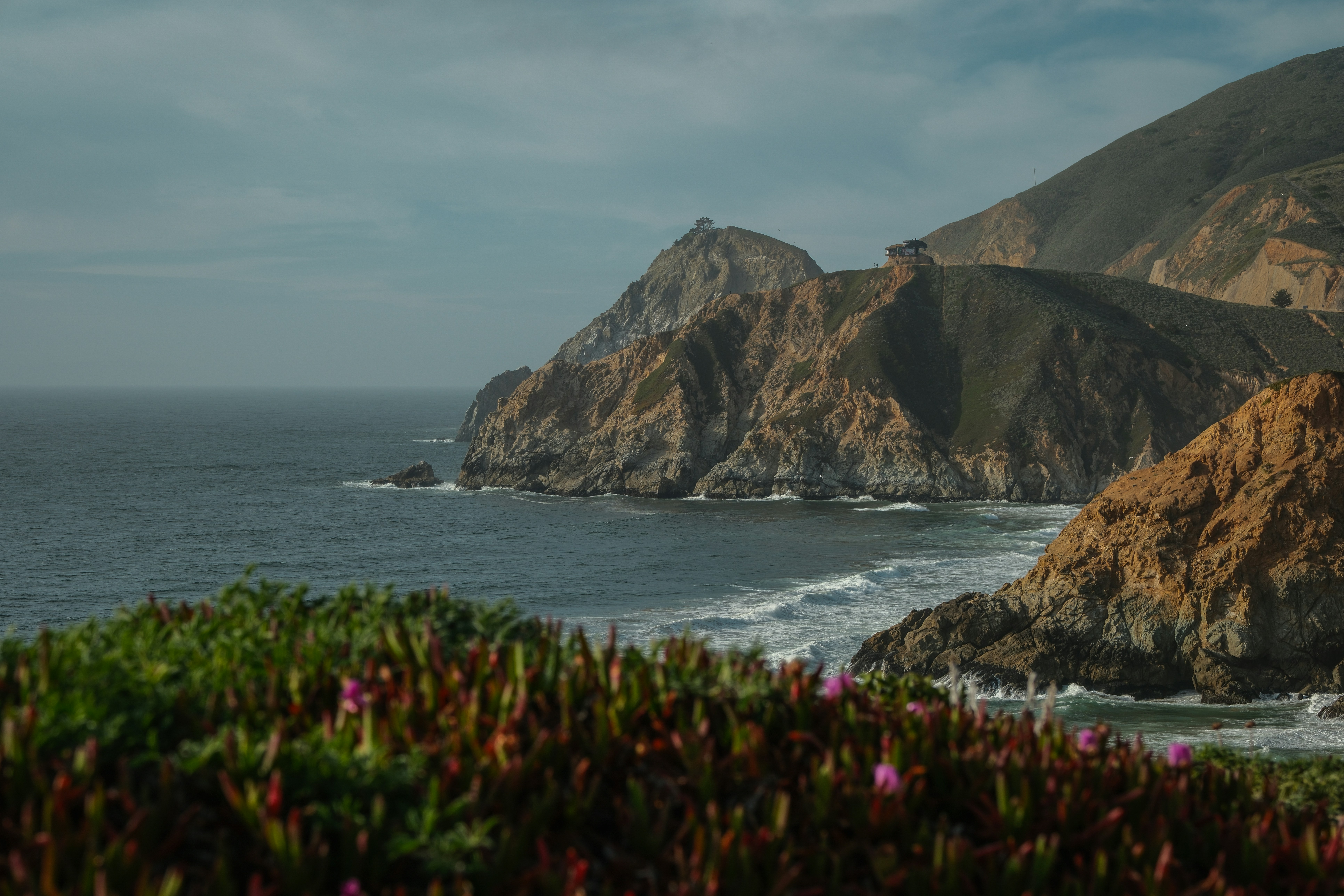 Rocky coastline with ocean waves and green foliage.