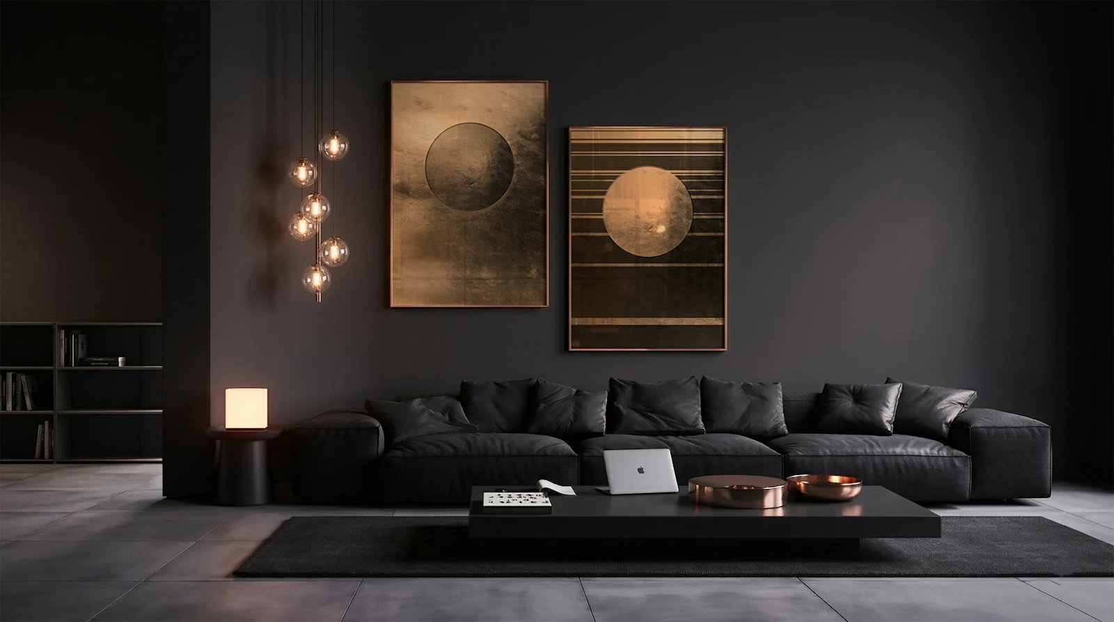 A dark, softly lit contemporary living room in a private residence