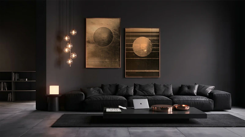 Sala real moderna com móveis escuros e arte sobre parede em carvão