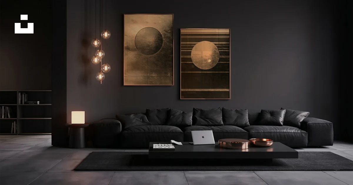 Modern living room with dark furniture and planetary art. photo – Free ...