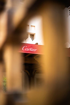 Cartier storefront seen through blurred wooden branches