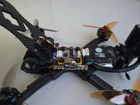 Close-up of a drone's internal components and external components.