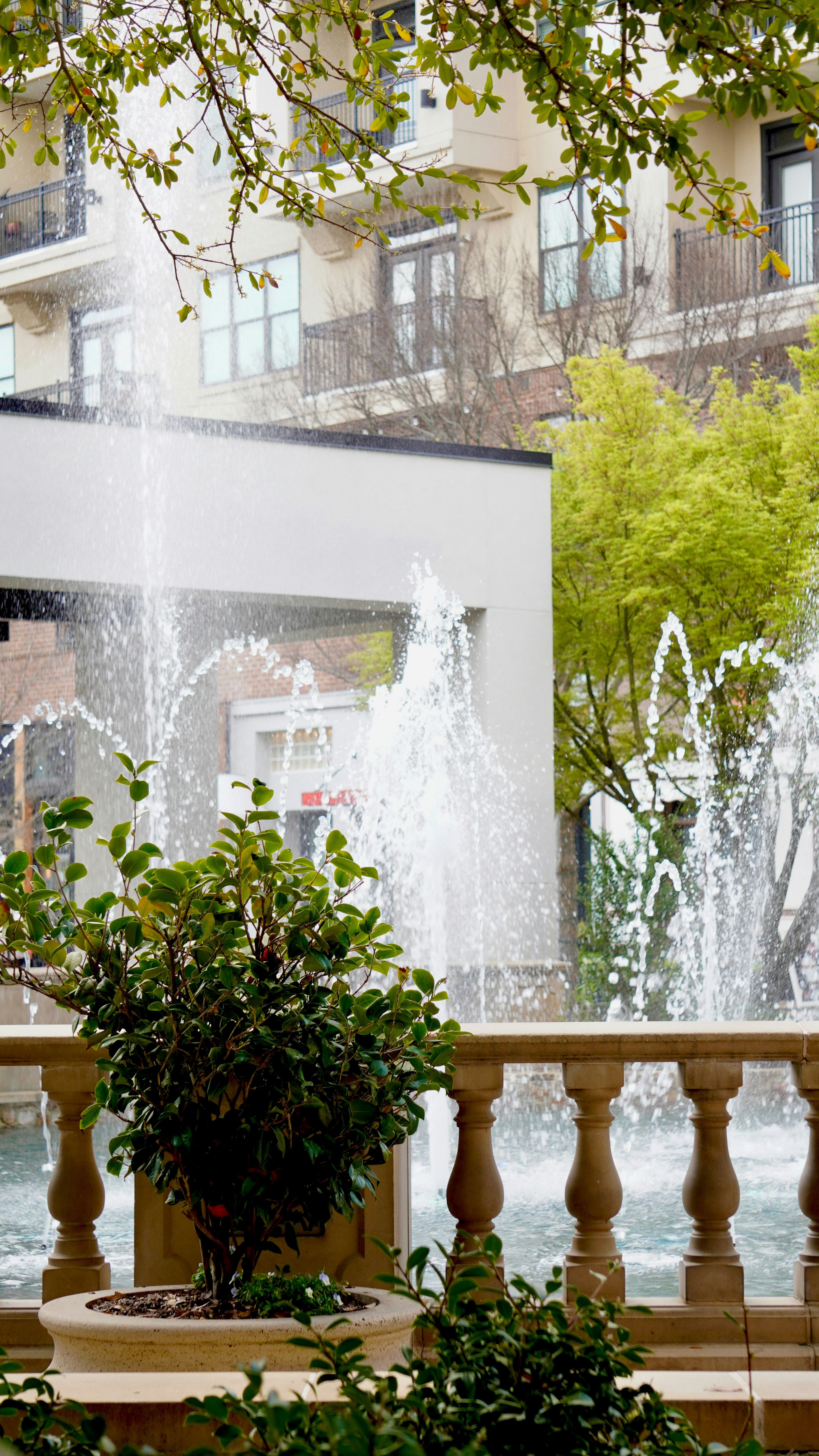 Fountains spray water in front of apartment buildings.