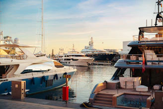 Luxury yachts docked in a sunny harbor