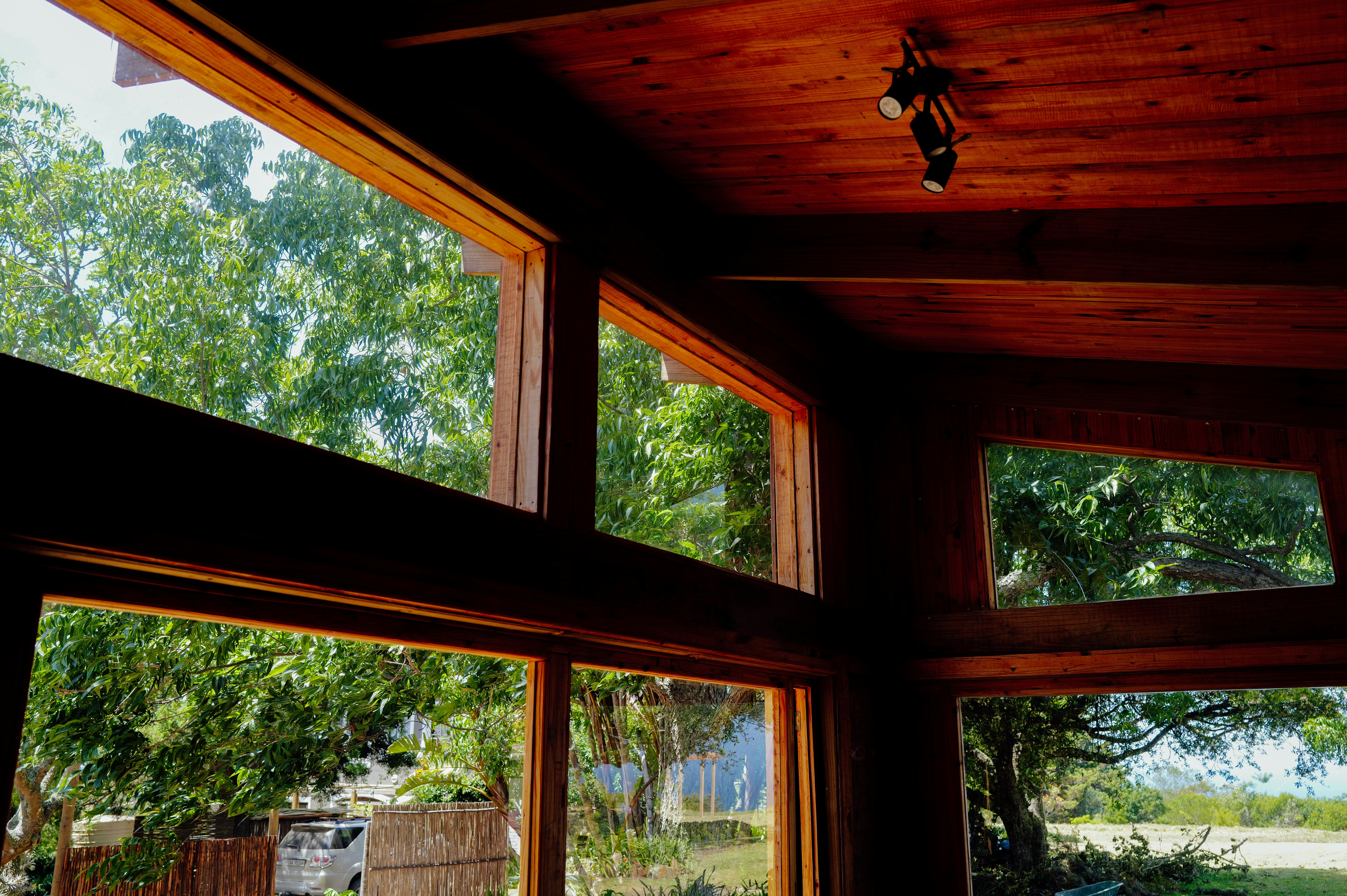 Room with large wooden windows overlooking trees