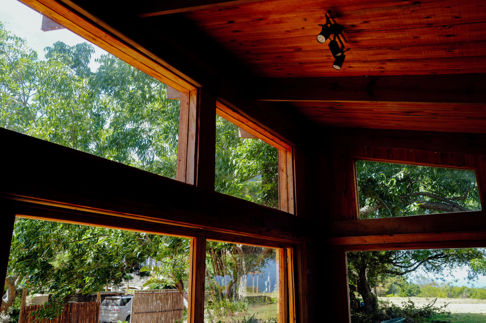 A room with large timber-framed windows opening onto trees, warm wood ceiling above