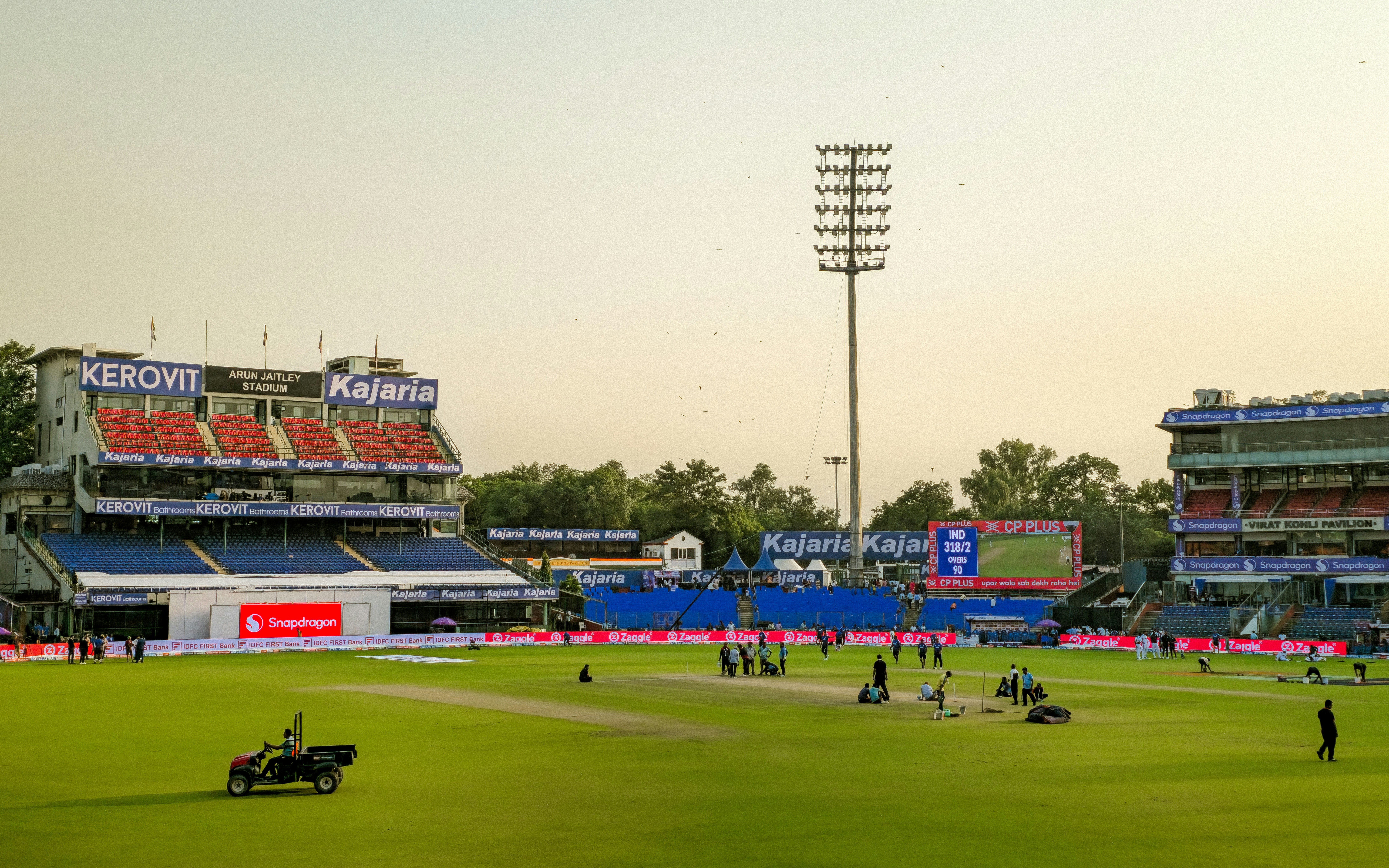 A view of Arun Jaitley Stadium in Delhi showing the full field, pitch, and surrounding stands. Formerly known as Feroz Shah Kotla Stadium, it is among India’s oldest cricket grounds. Owned by the Delhi and District Cricket Association, it serves as the home ground for Delhi cricket and the Delhi Capitals in the IPL.