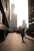 A lone figure walks down a sunlit city street.