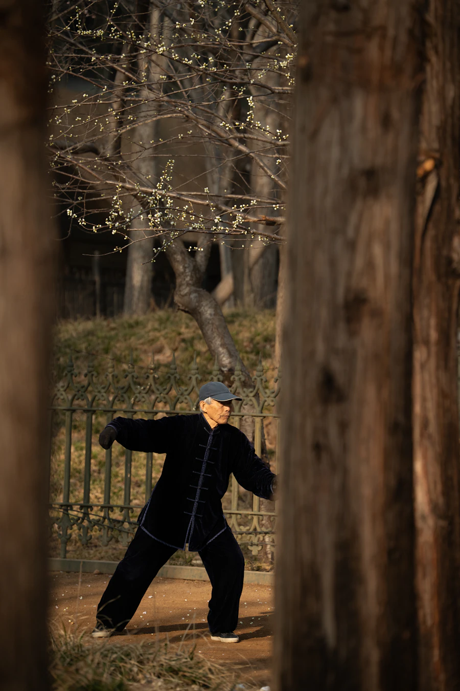 An older adult moving mindfully outdoors
