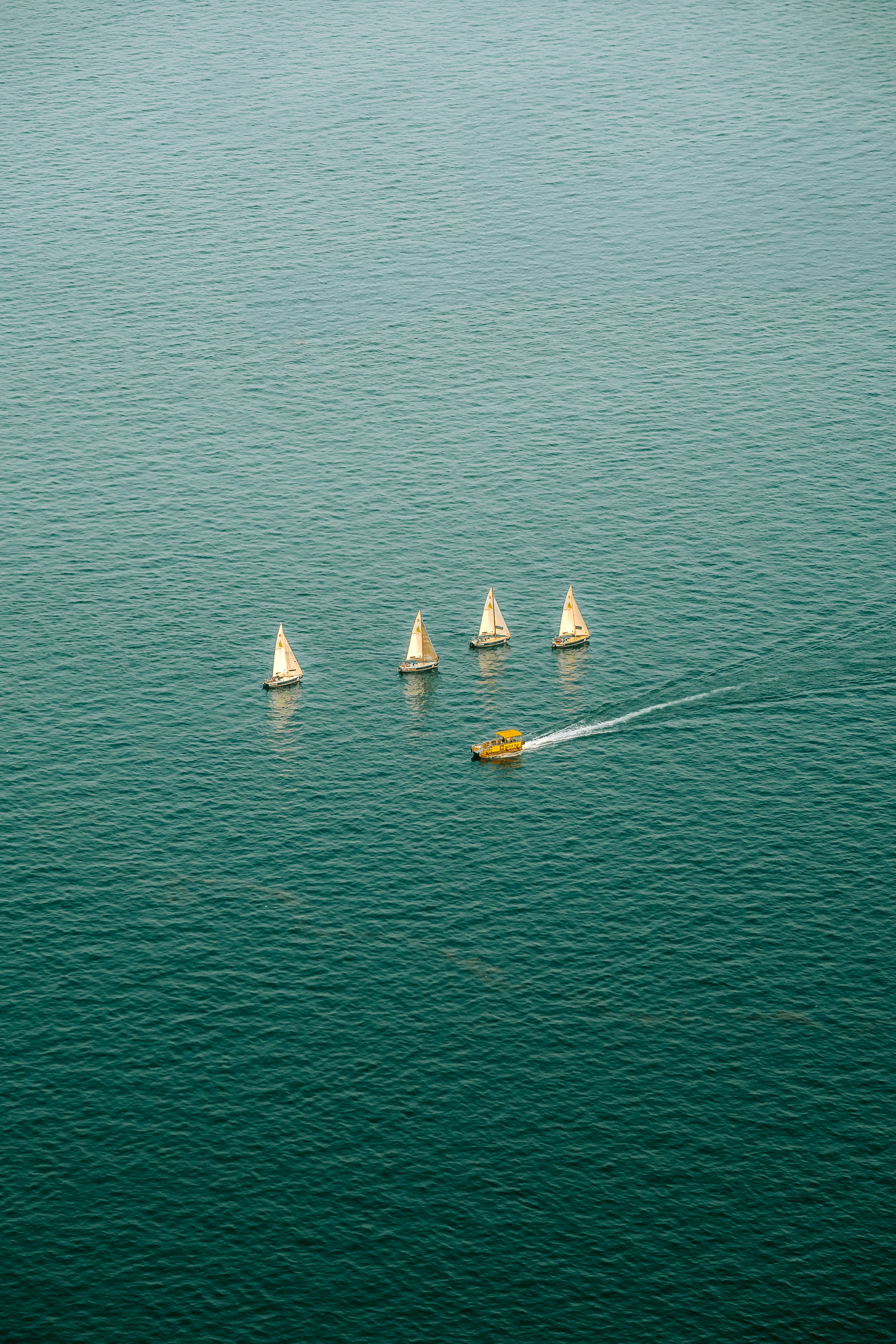 Four sailboats and a speedboat on the water