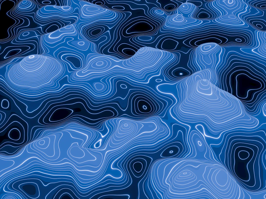 Abstract blue topographic map with glowing lines