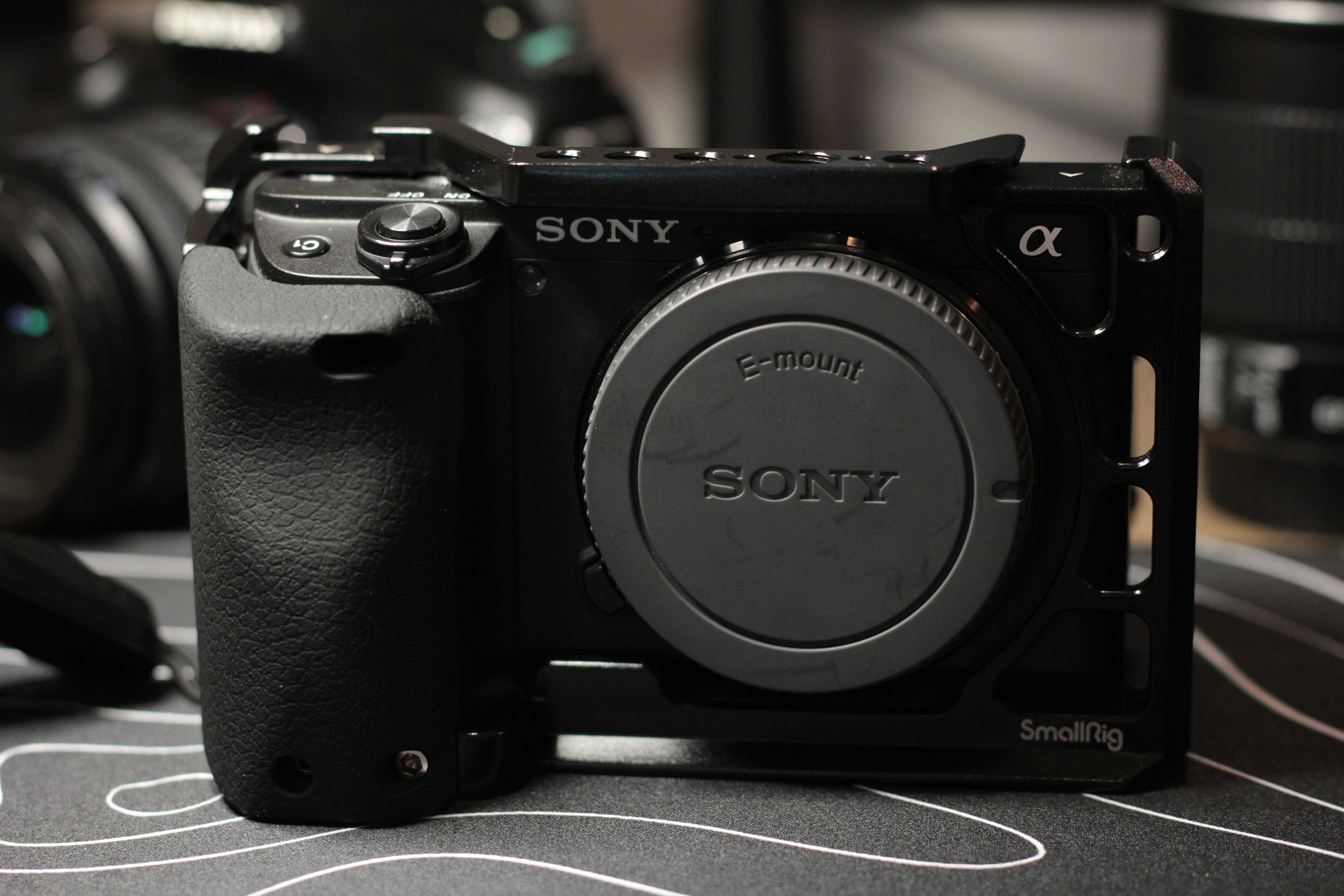 Cámara Sony con tapa de objetivo y jaula