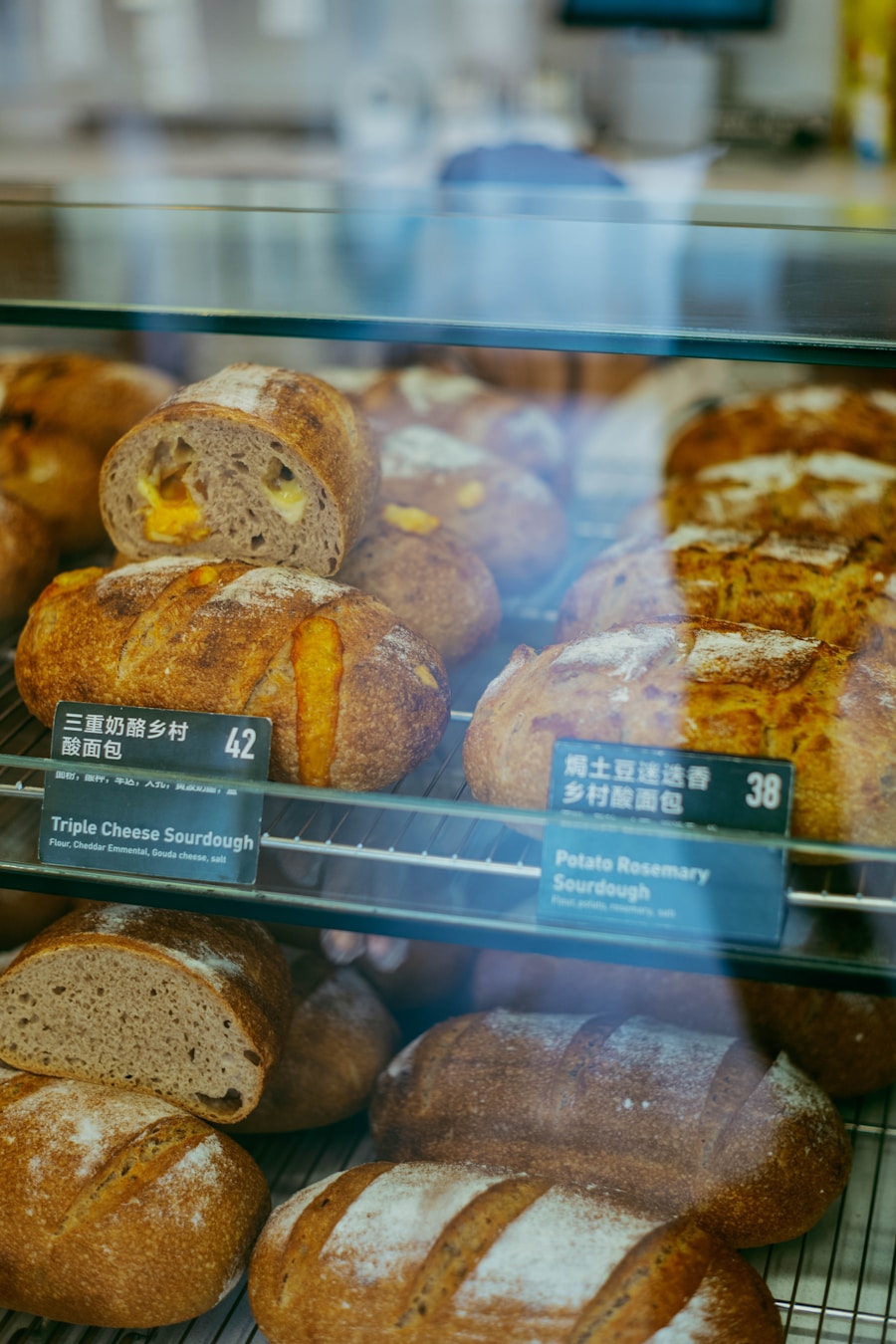 Artisan sourdough loaves in the bakery display