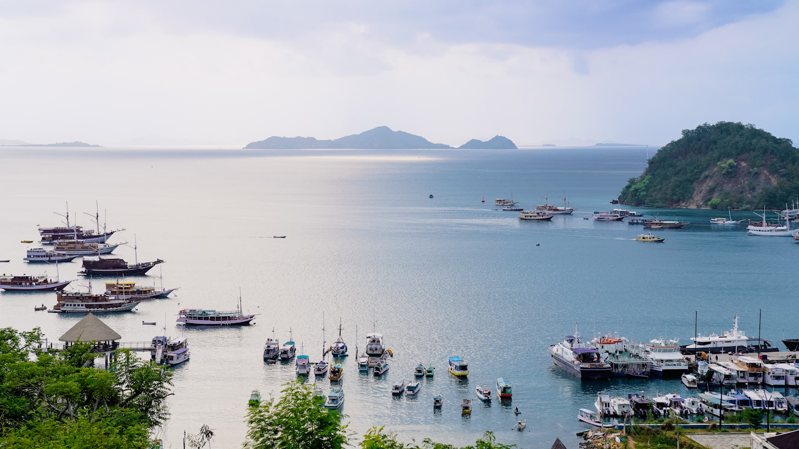 A line of phinisi-style liveaboards anchored in Labuan Bajo harbour, gateway to Komodo National Park