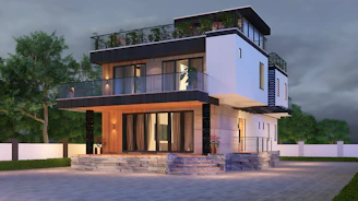 Modern multi-story house with balconies and rooftop garden.