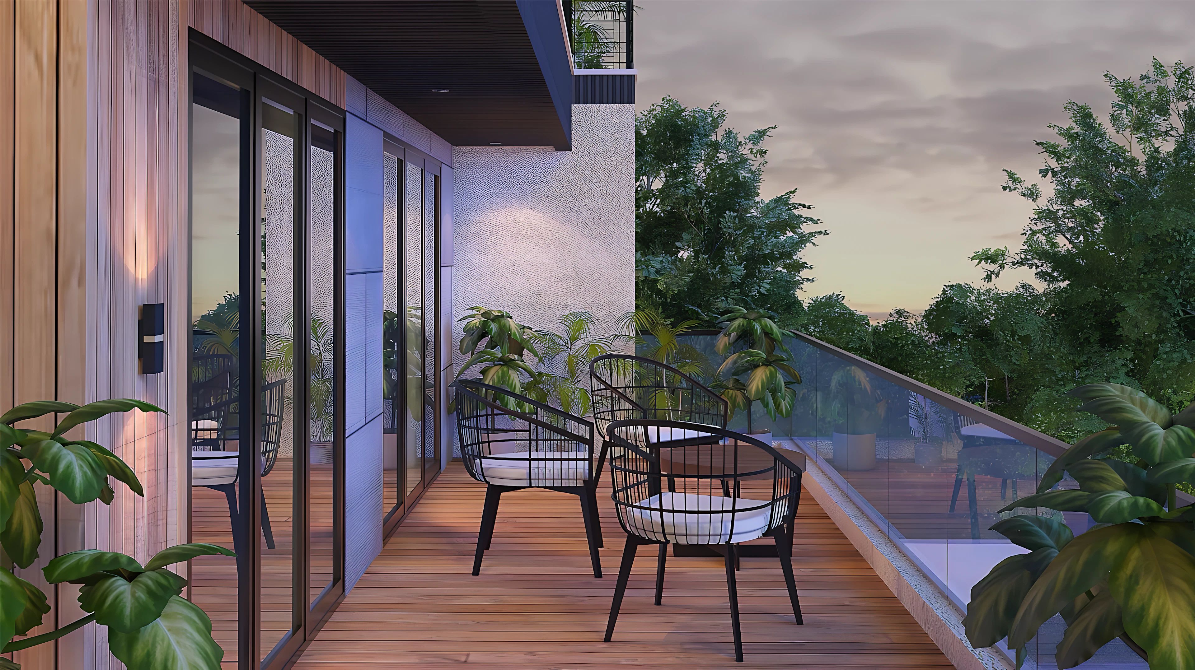 Balcony with chairs at dusk