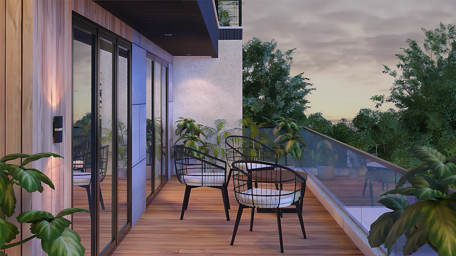 A balcony with chairs looking out over trees at dusk