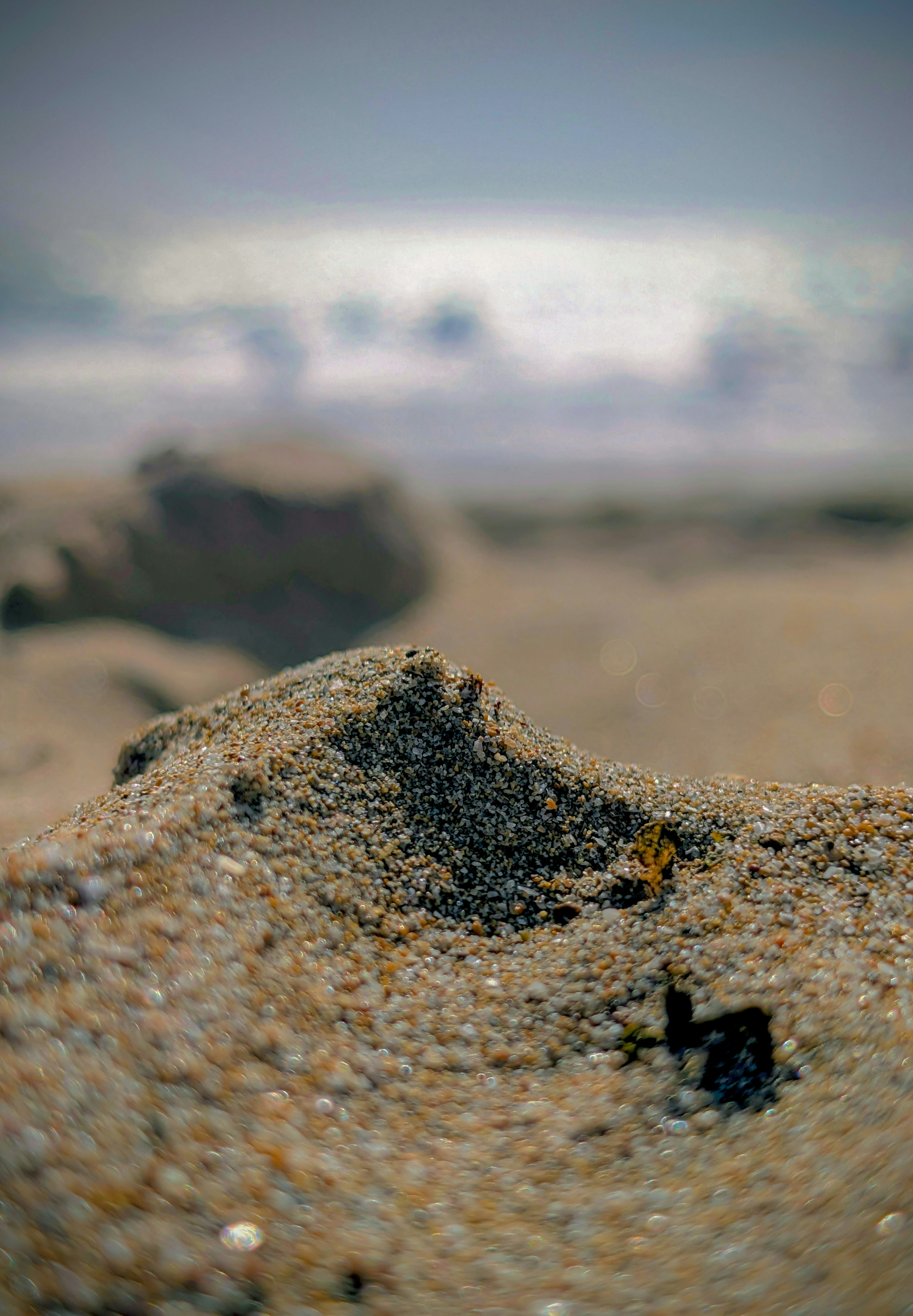 Gros plan du sable sur une plage avec l’océan en arrière-plan