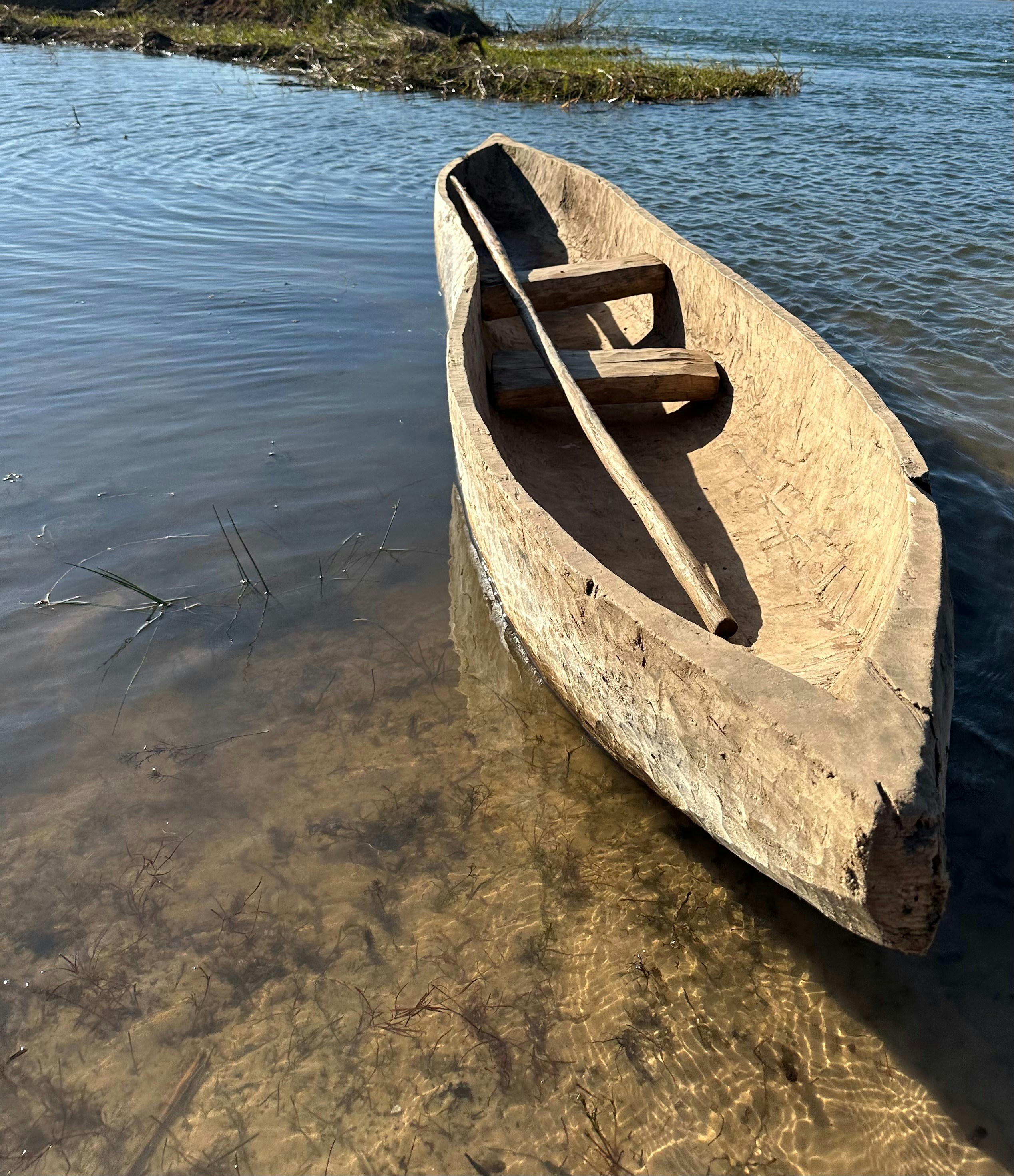 Pirogue en bois creusée dans un tronc, posée sur la rive avec sa pagaie