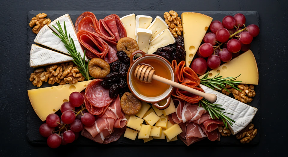 The image presents a large rectangular black slate board, divided into four sections filled with an assortment of food items. On the top left corner is a small pile of dark brown walnuts. The middle section contains a variety of cheeses in different colors and textures, including a creamy white cheese, a crumbly yellow cheese, and a red wine cheese. The bottom right corner features a selection of meats, including a pinkish-red ham, a golden brown roasted chicken, and a dark brown sausage. A small dish filled with honey is also present on the board.