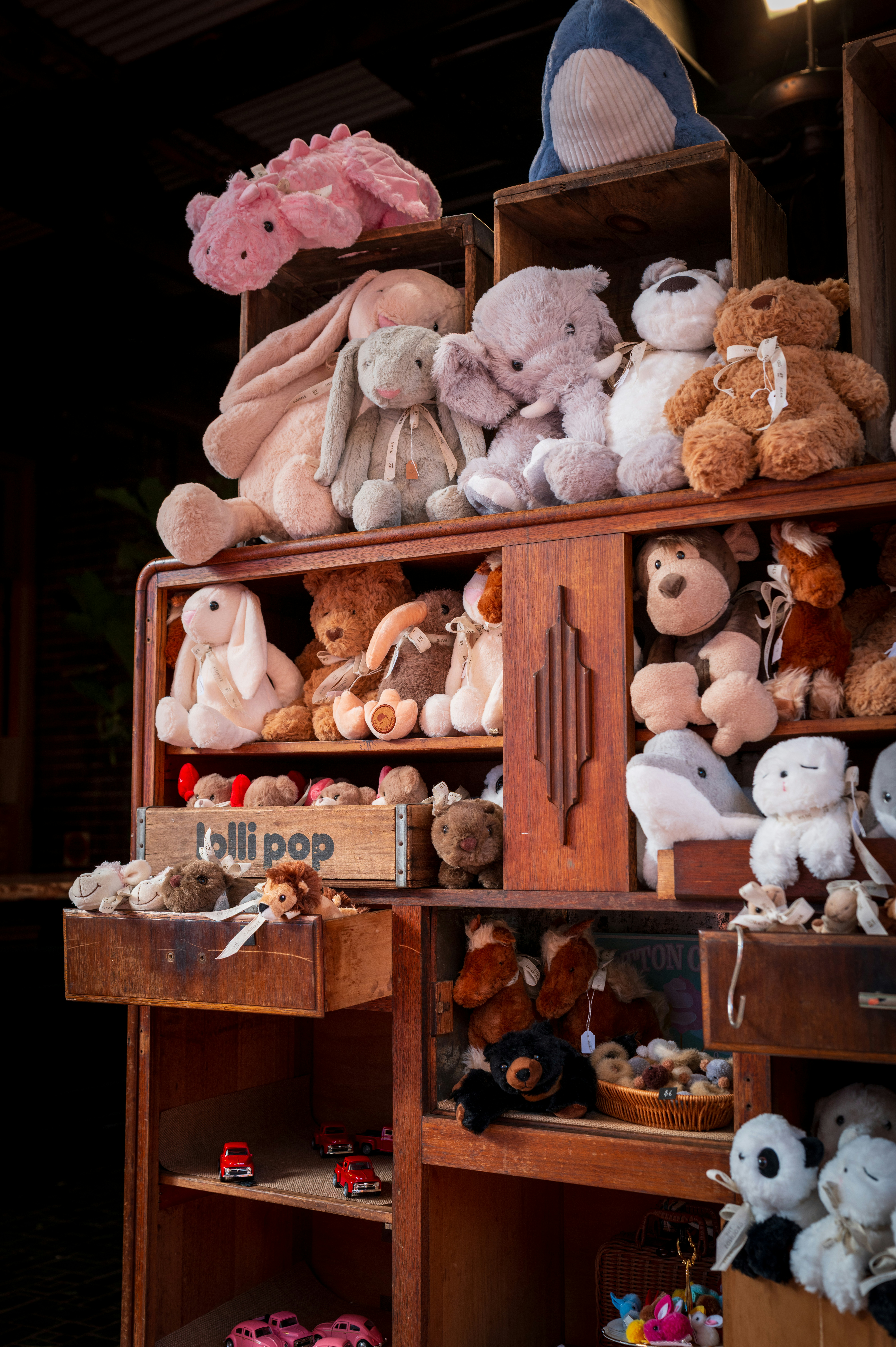 A collection of stuffed animals on wooden shelves.