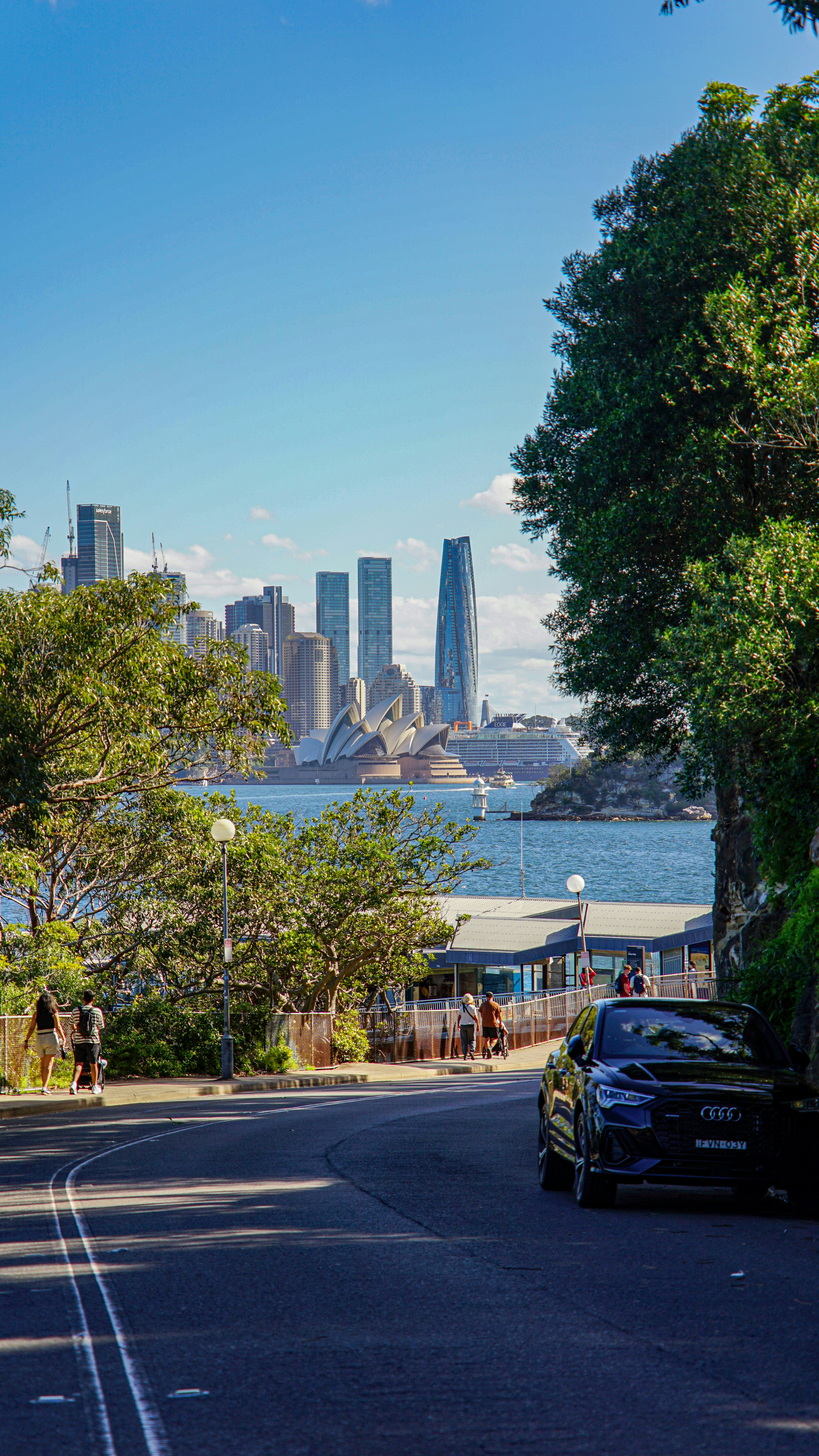 Sydney skyline with opera house and harbor view.