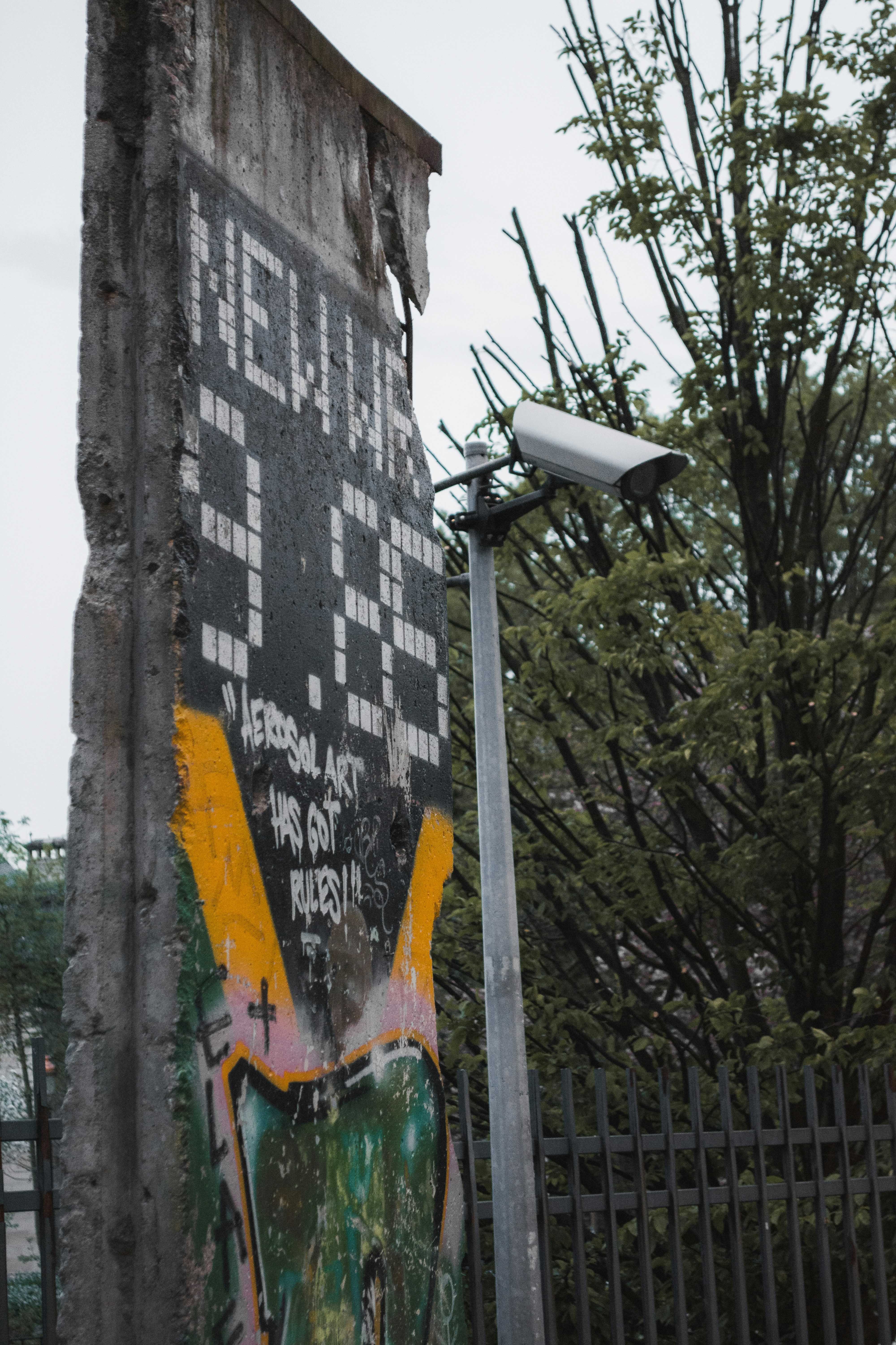 Grafitis en el muro de Berlín con cámara de seguridad