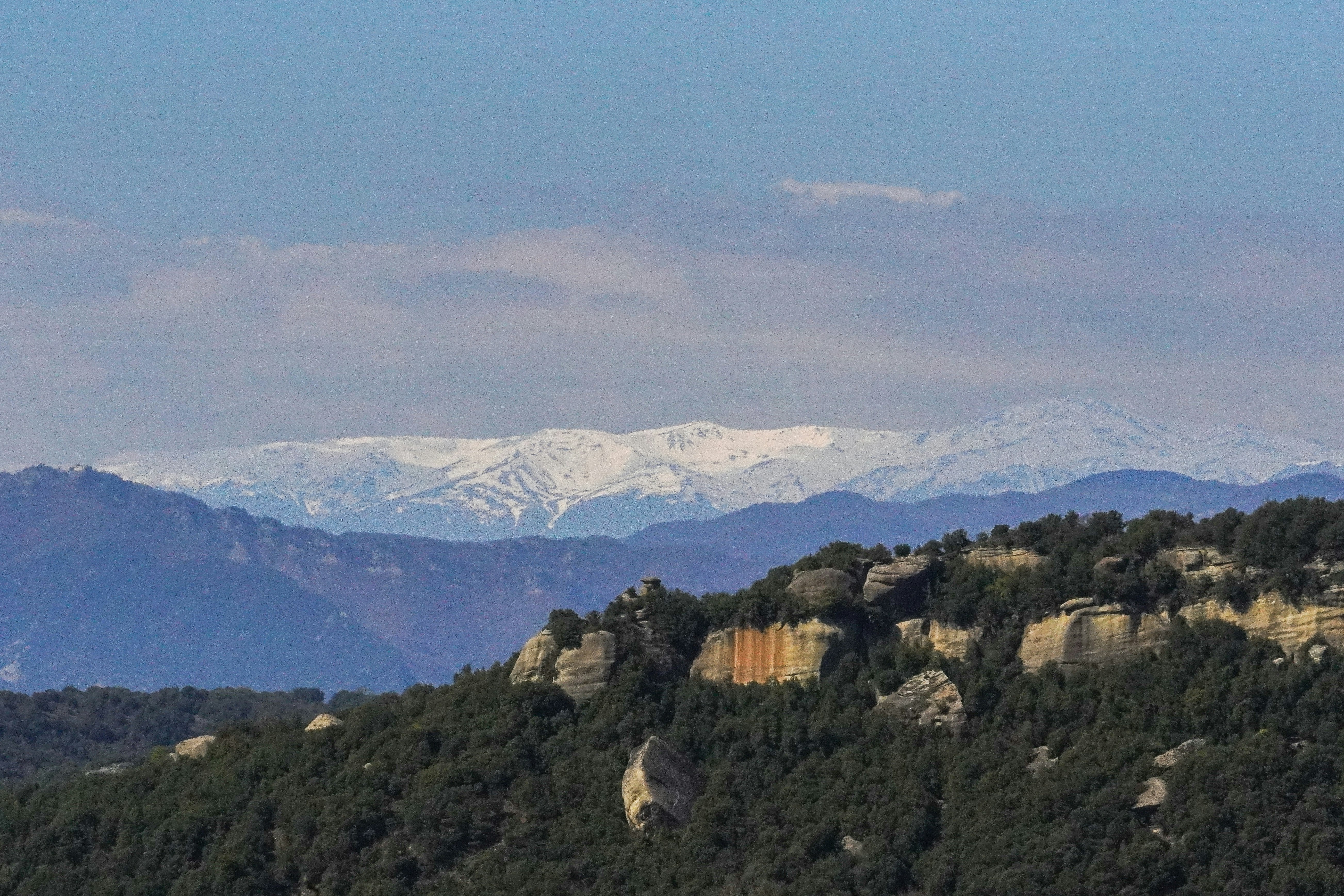 Snow-capped mountains visible beyond forested hills