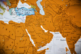 Close-up of a world map showing the middle east.