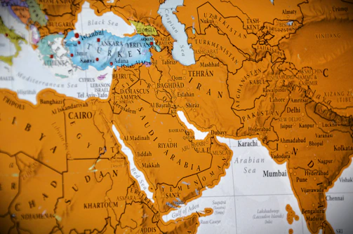 Close-up of a world map showing the middle east.