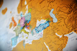 Close-up view of a vintage world map