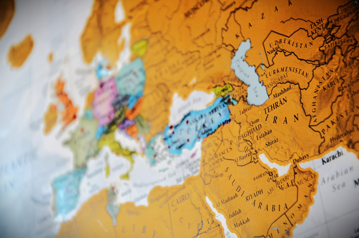 Close-up view of a vintage world map