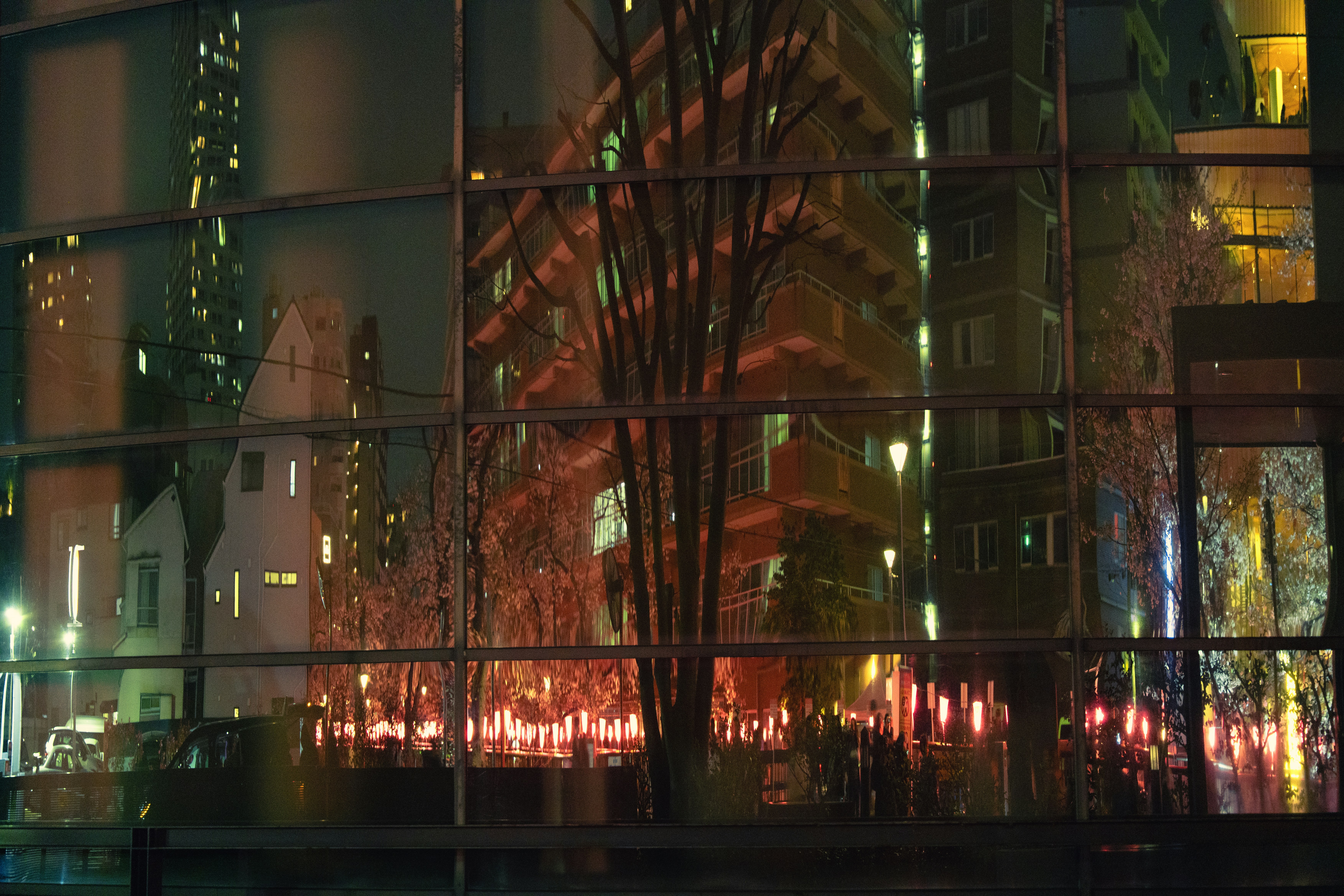 夜のガラスに映る街の建物や木々