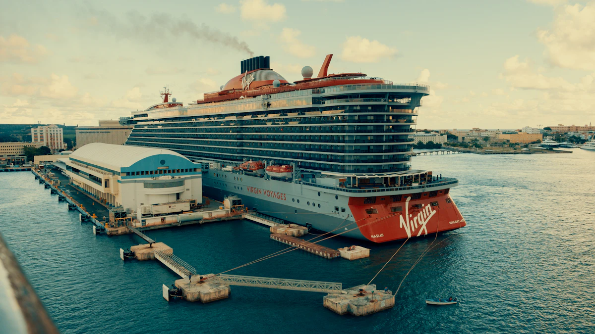 A large cruise ship docked at a pier