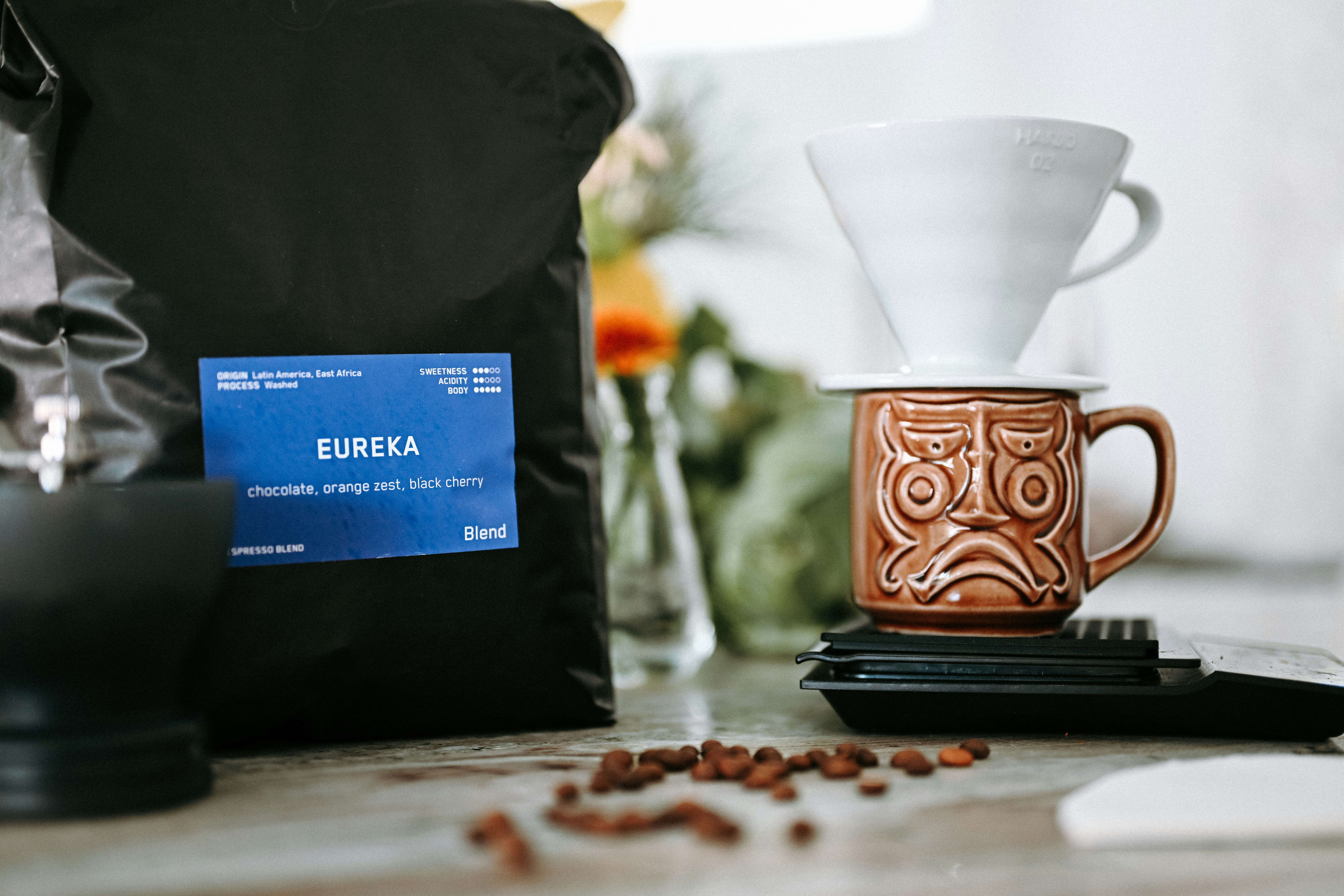 Coffee beans and brewing equipment on a counter