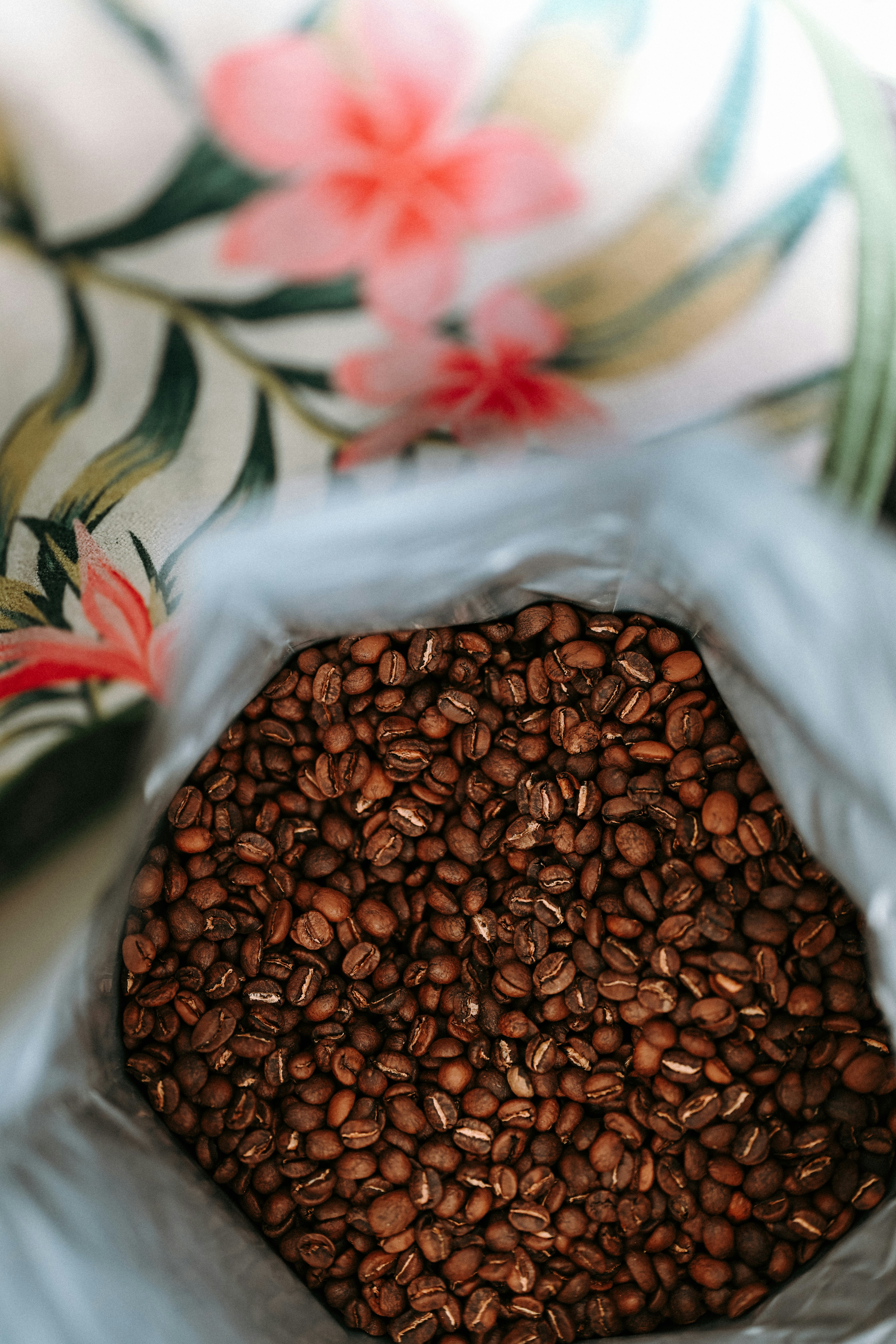 Roasted coffee beans fill a bag with floral background.