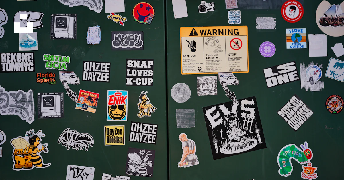 Green surface covered with many stickers and a warning sign. photo ...