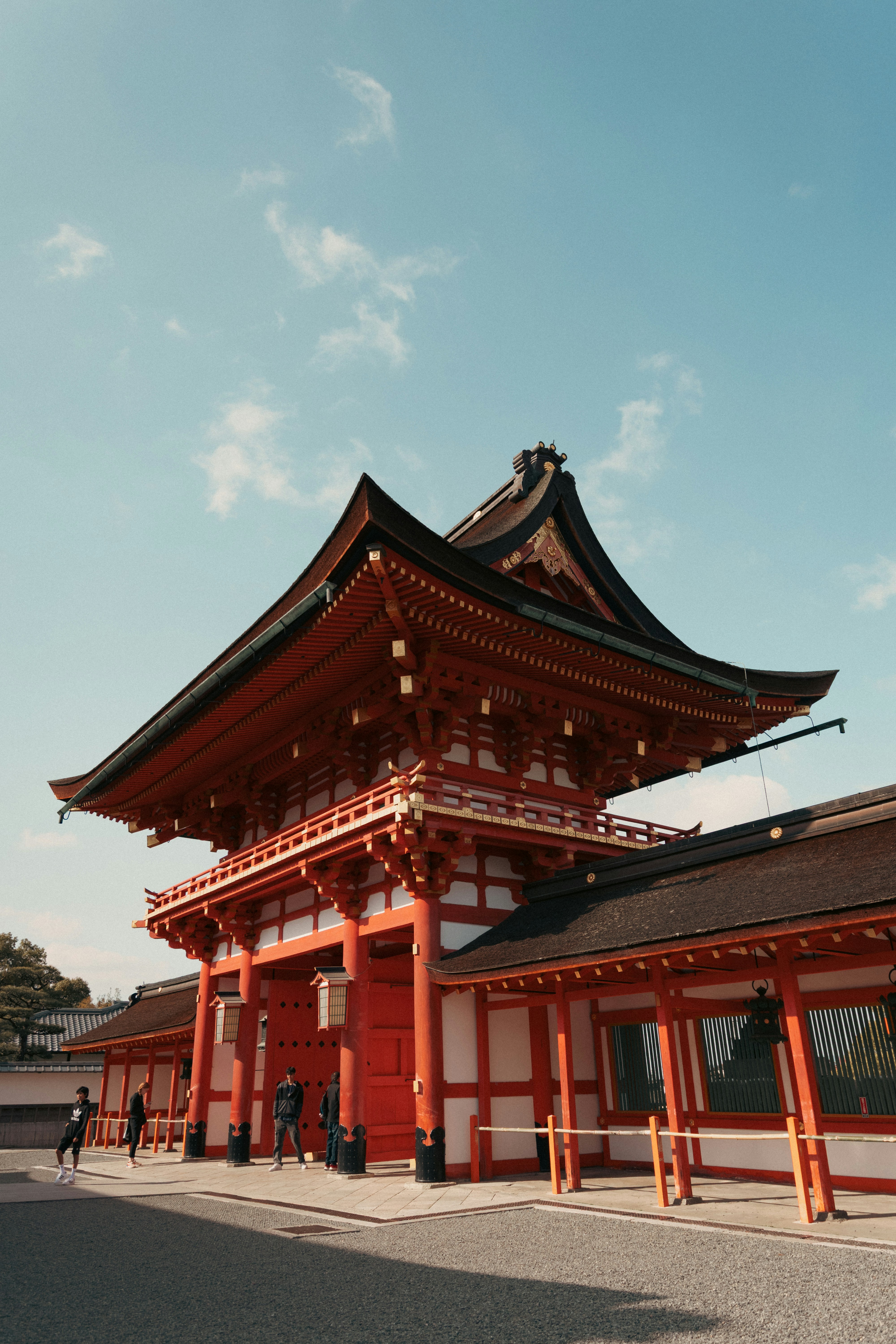 Traditional japanese temple gate under a clear blue sky