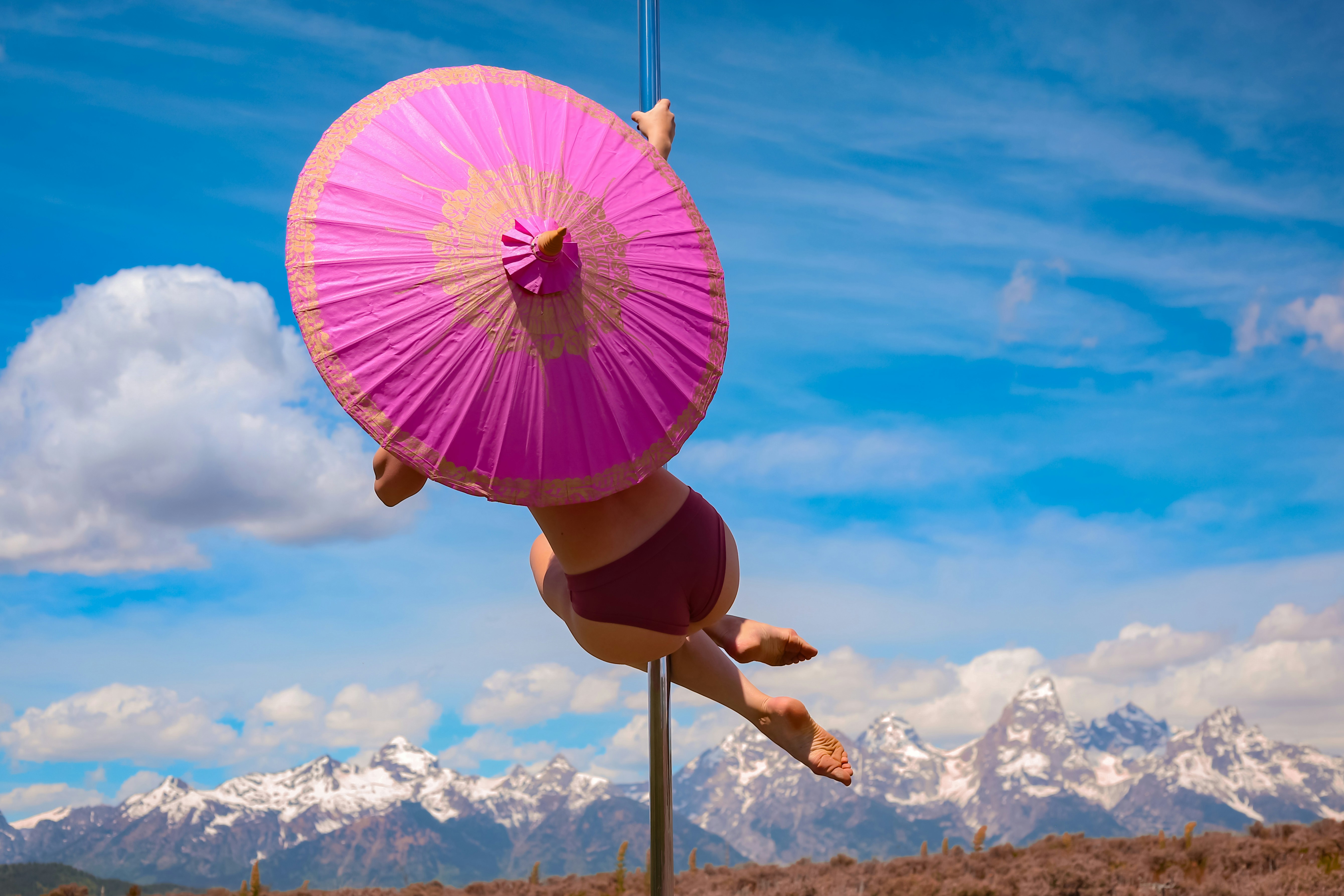 A person holding a pink parasol while on a pole against snowy mountains