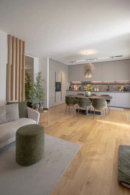 Modern living room and kitchen with dining area.