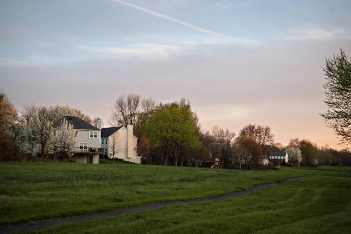 Suburban neighborhood with houses and trees at dusk