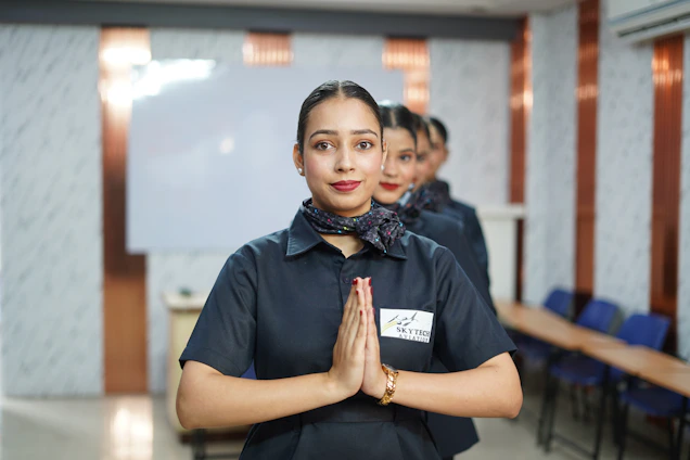Women in uniform greet with hands pressed together.