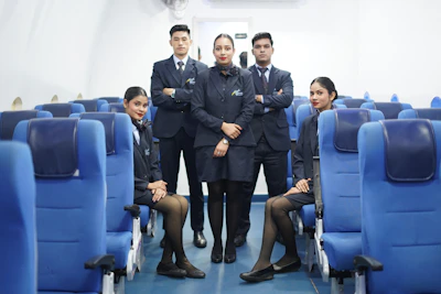 Flight attendants posing in airplane cabin