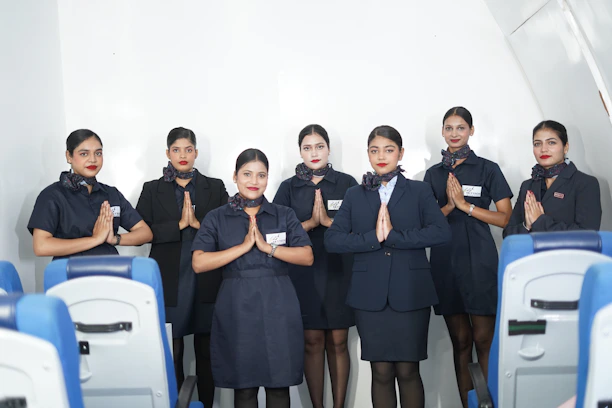 Flight attendants in uniform greeting passengers on airplane