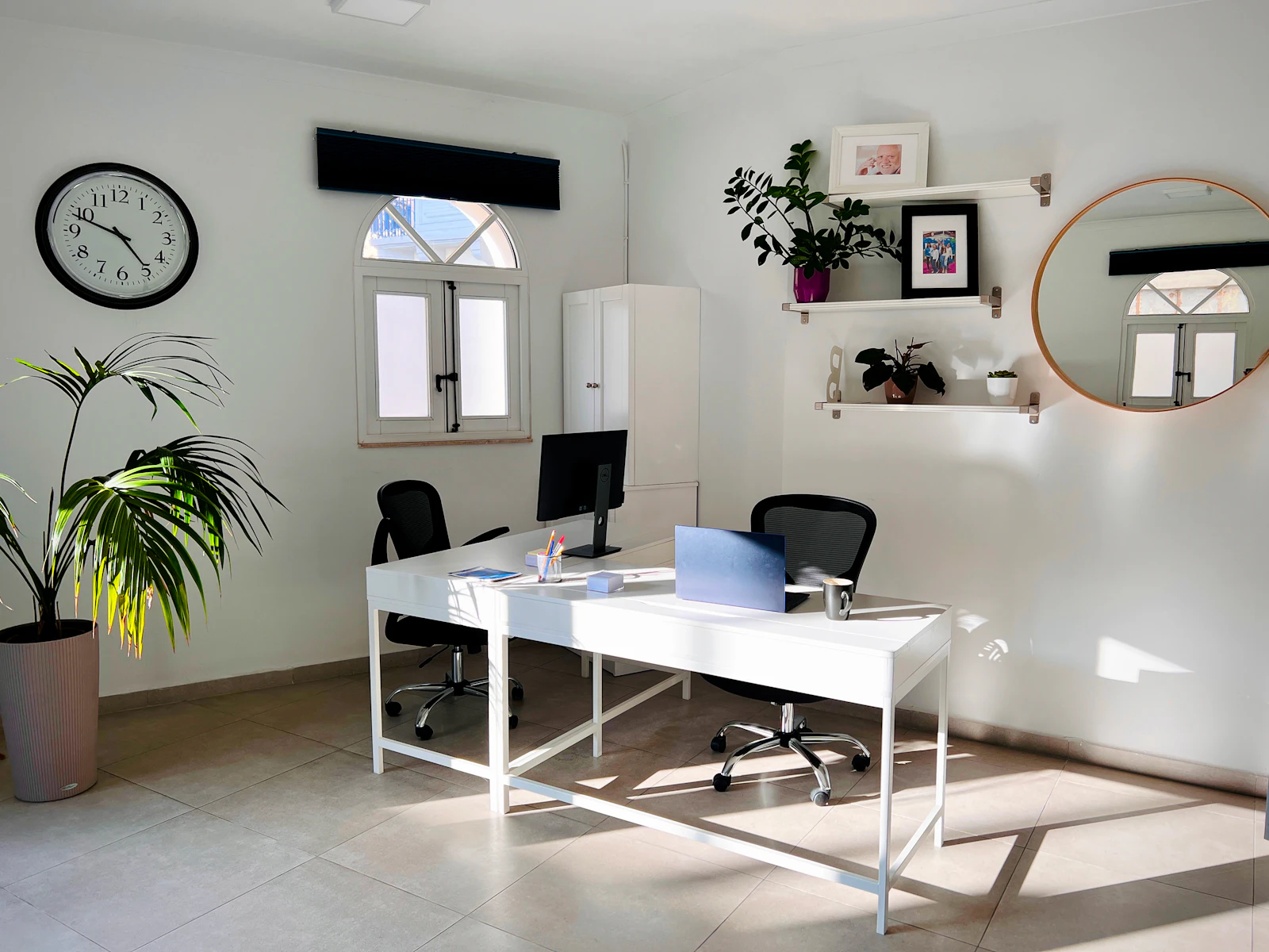A calm workspace with desks, plants, and natural materials