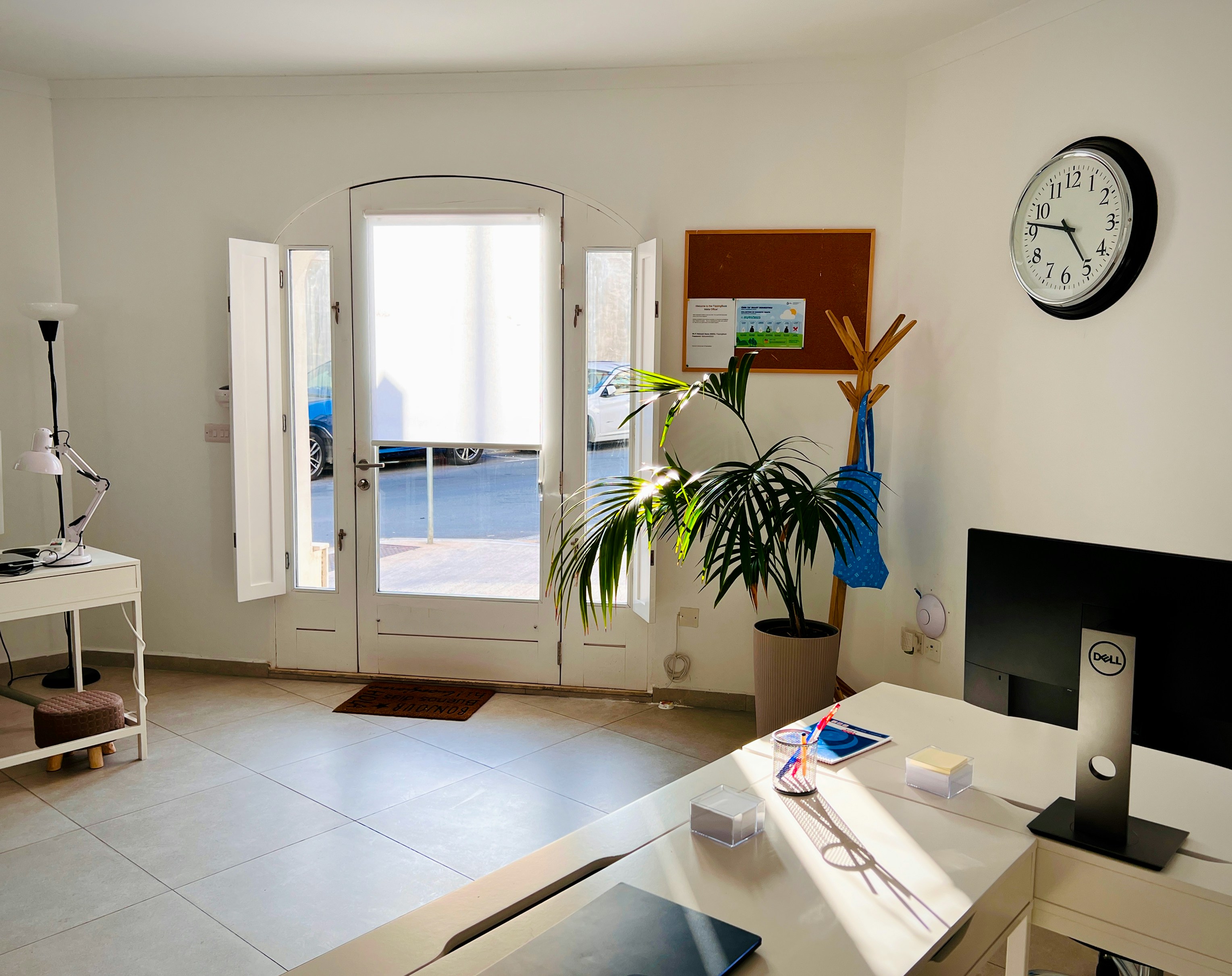 Bright office interior with desk and plants.